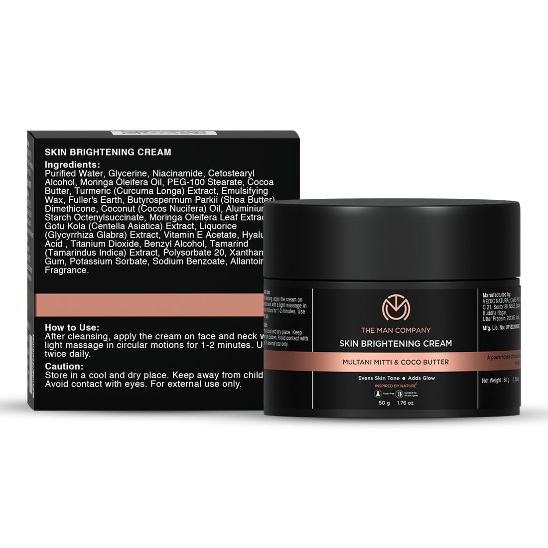 The Man Company Skin Brightening Cream - 50gm for Glowing Radiant Skin | Enriched with Multani Mitti, Coco Butter, Hyaluronic Acid | Reduces Acne & Dark Spots Naturally