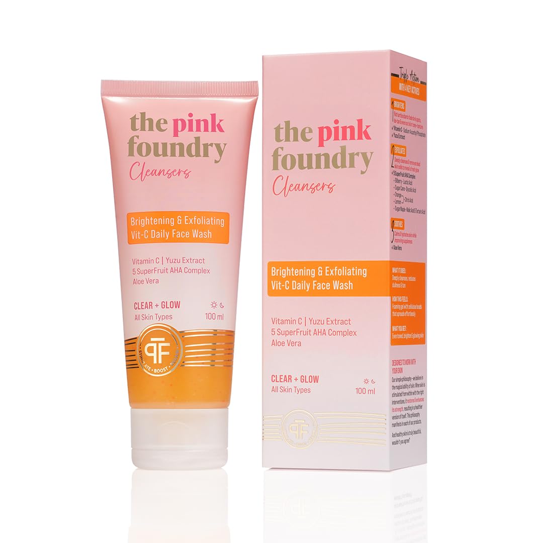 The Pink Foundry's Brightening & Exfoliating Vitamin C Face Wash suitable for all Skin Types | Daily Cleanser | Deeply Cleanses Skin, Reduces Tan, Dullness & Evens Out Skin Tone | 100ml