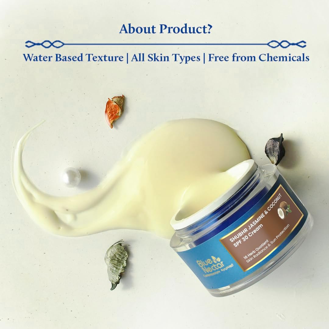 Blue Nectar Coconut Face Cream with SPF 30 Sunscreen for Women | Plant Based Oil Free Moisturizer for Face with Vitamin E | Brightening Sunscreen for Oily, Dry & Sensitive Skin (16 Herbs, 50g)