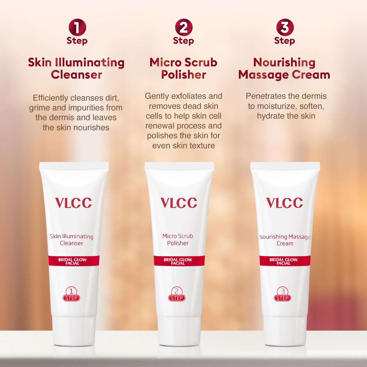 VLCC Bridal Glow Facial Kit - 49g, With Hyaluronic Acid, Niacinamide & Vitamin C. At home facial with 3 Illuminator Strobe Creams - Gold, Lilac, Rose.