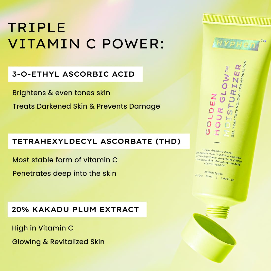 Hyphen Golden Hour Glow Face Moisturizer | Skin Brightening With Triple Vitamin C -20% Kakadu Plum, 3% Niacinamide Oil Free Cream|Oily, Dry, All Skin Types - 50Ml