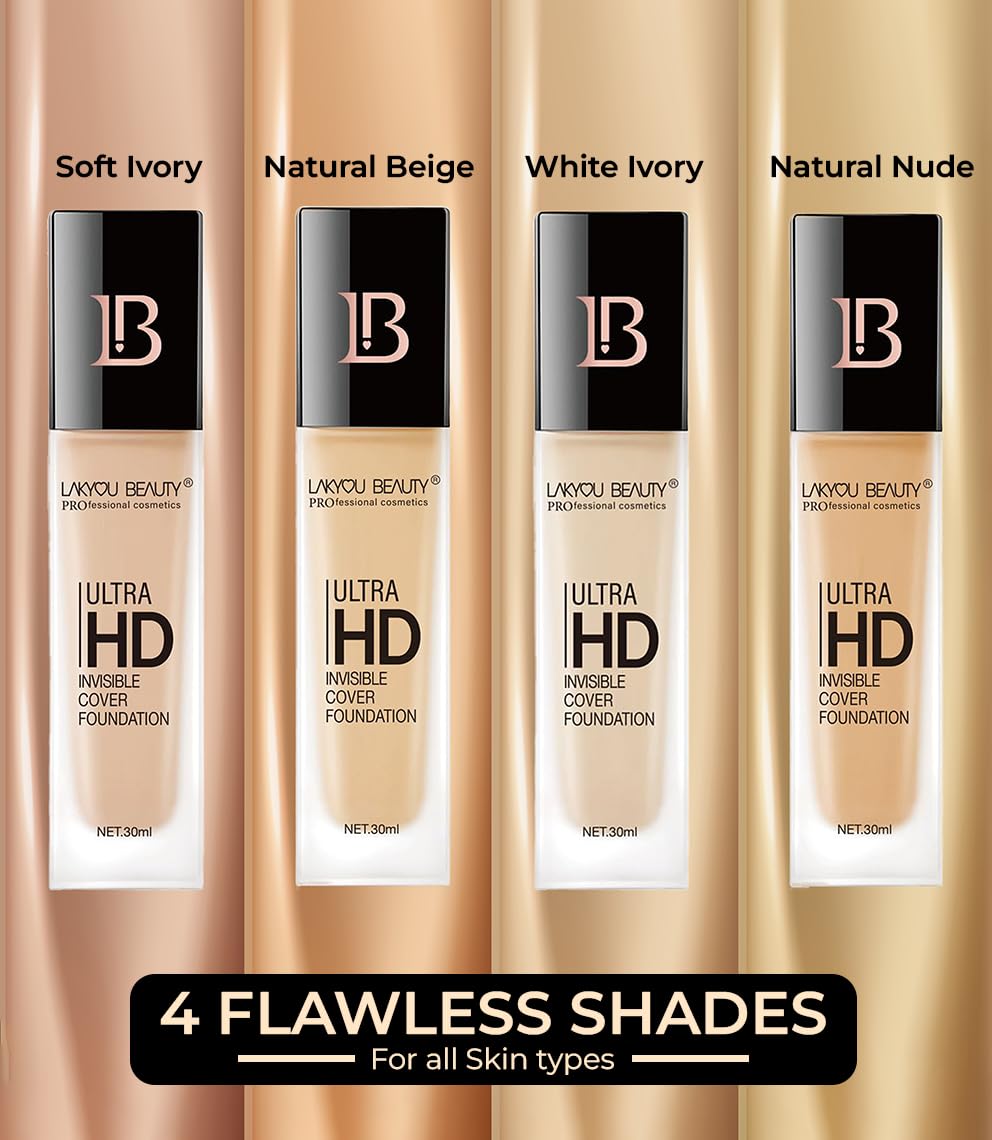 Lakyou Beauty Ultra HD Invisible Cover Foundation | Seamless Blend | High Definition Finish | Lightweight & Long-Lasting | Shade-02(Soft Ivory) | 30ml