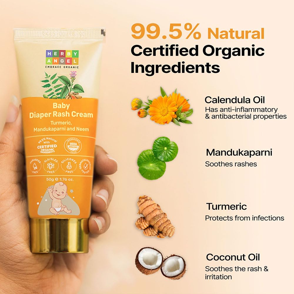 Herby Angel Baby Diaper Rash Cream - Natural Ingredients for Soothing & Protecting Baby's Skin | Kids Skin Care & Anti-Chafing Cream - 50 gm