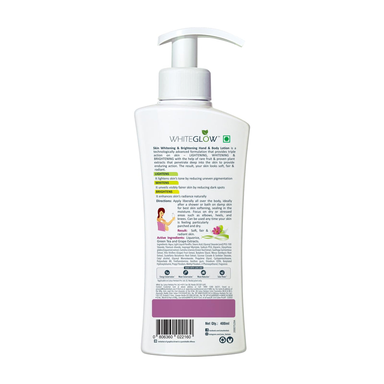 Lotus Herbals Hand & Body Lotion, Moisturizer for Dry Skin, Protects From UVA/UVB Rays, Moisturizer for Women & Men, 400ml + 400ml - BUY 1 GET 1 FREE