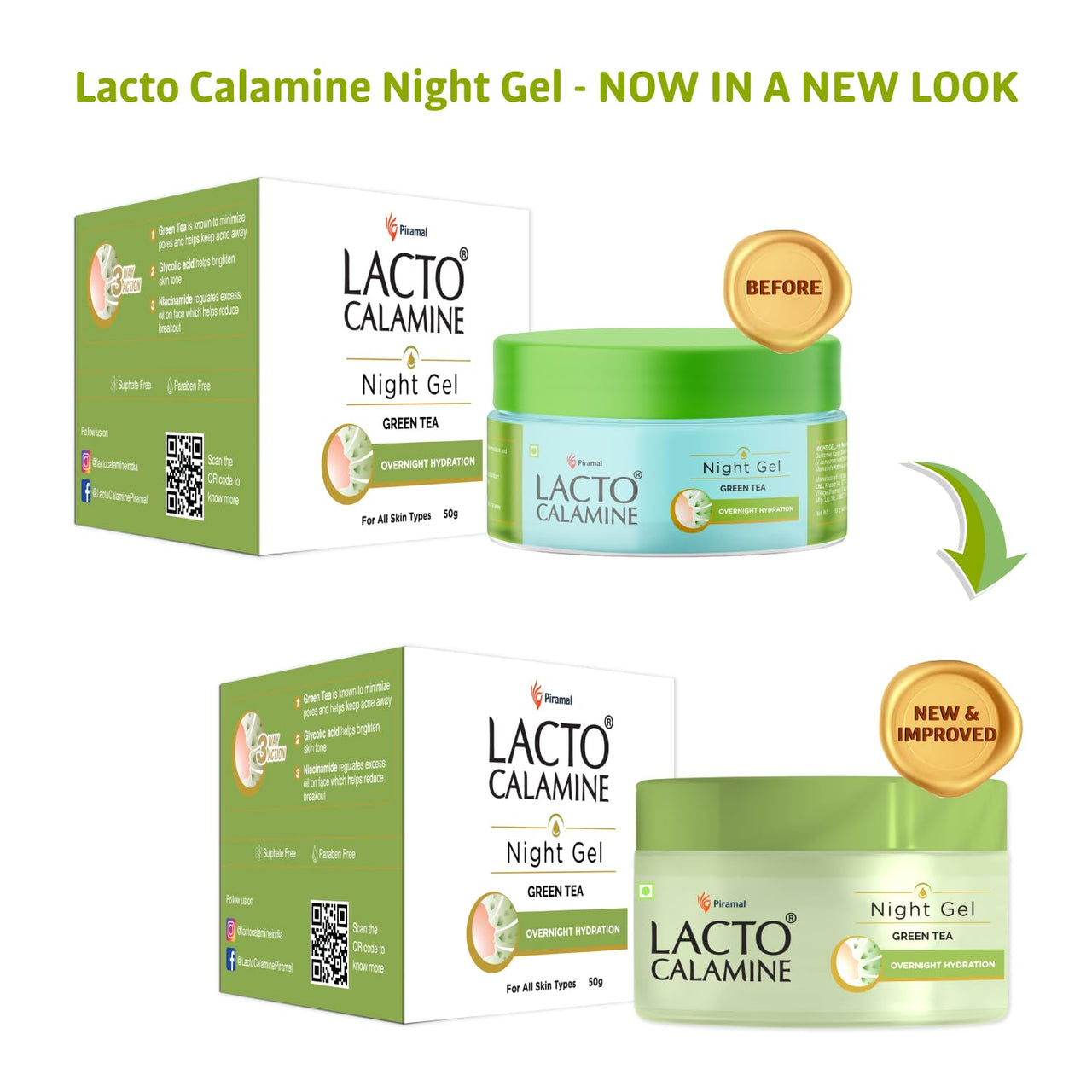 Lacto Calamine Green Tea Night Gel Moisturizer For Women | 50g x Pack of 1 | Night Cream For Oily Skin with Niacinamide & Glycolic Acid | Overnight Hydration | Sulphate & Paraben Free