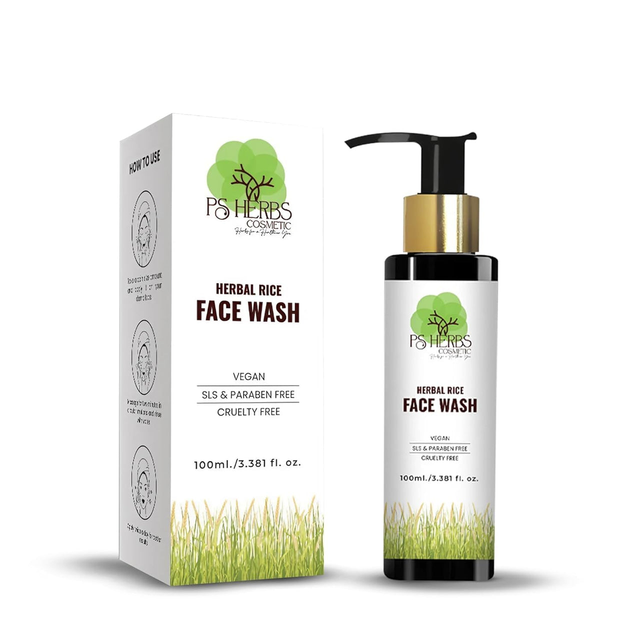 PS HERBS COSMETIC HERBS FOR A HEALTHIER YOU Herbal Rice Face Wash - Gentle Cleanser for Glowing Skin, SLS & Paraben Free, Vegan