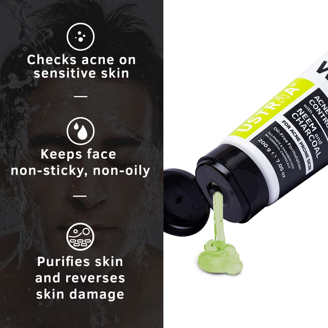 Ustraa Face Wash Acne Control - With Neem & Charcoal Face Wash - 200g - Oil Control, Prevents Acne, Especially for Oily Skin, No Sulphate, No Paraben, No Harmful Chemicals.