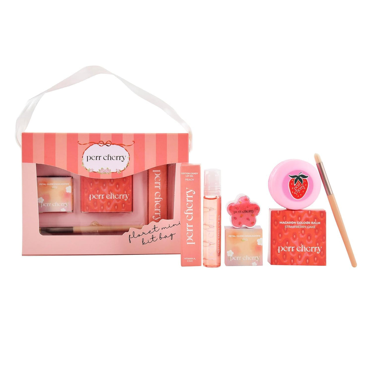 Perr Cherry 4 PCS Organic Makeup Kit for Kids, Preteens & Teen Girls | 100% Natural & Skin Friendly | Includes Eye & Cheek Highlighter, Lip & Cheek Tint, Lip Oil, Brush (Floret Kit, Assorted Colour)