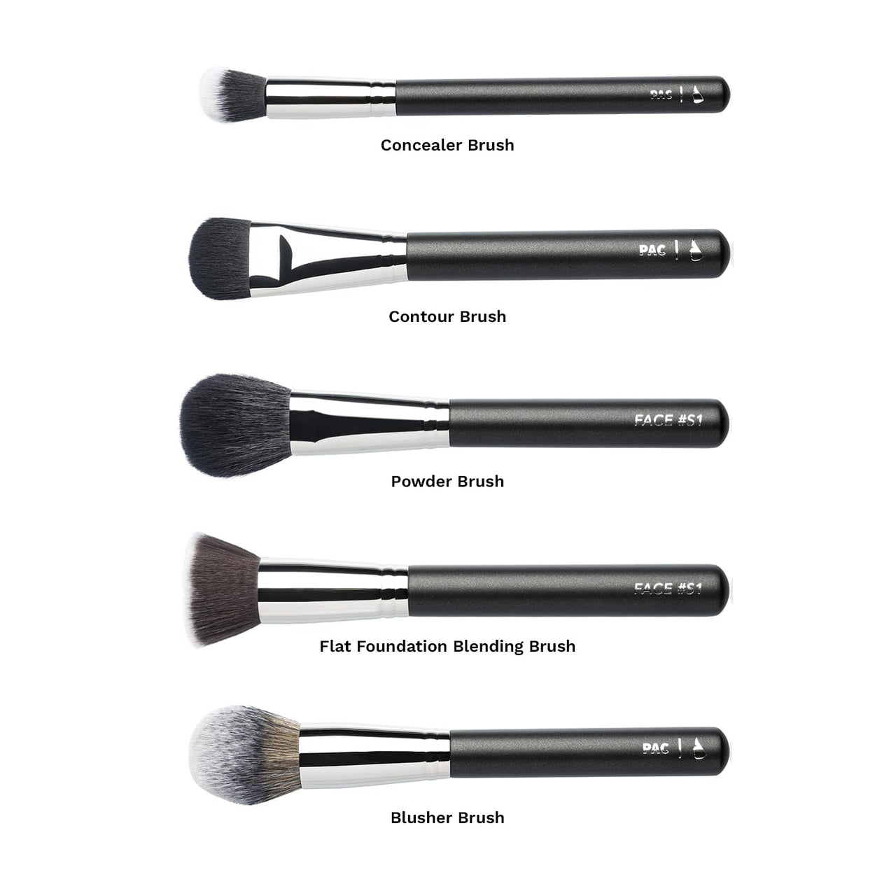 PAC Cosmetics Face Series (5 Brushes) Best Face Makeup Brushes For Foundation, Concealer, Blush, Bronzer, and Setting Powder Application and Blending