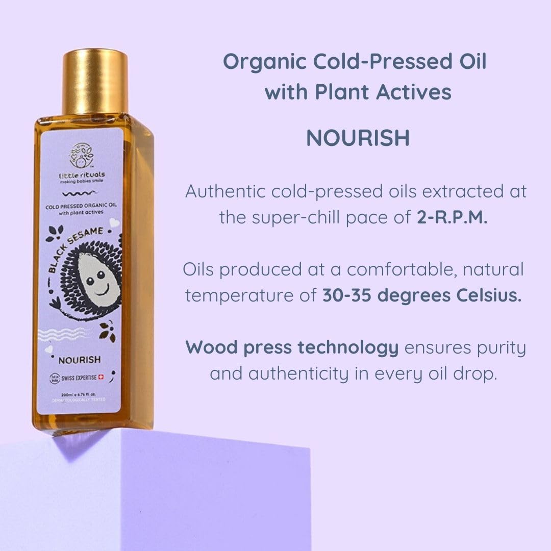 Little Rituals BLACK SESAME - BABY MASSAGE OIL Certified Organic, Wood Cold-Pressed for Skin and Hair with SWISS Plant Actives - 200 ml. Dermatologist Tested by Pediatrics, Mild & Gentle & Safe