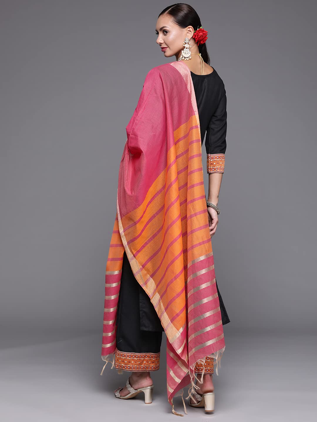 INDO ERA Women's  Solid Cotton Blend Straight Kurta Palazzo With Dupatta Set