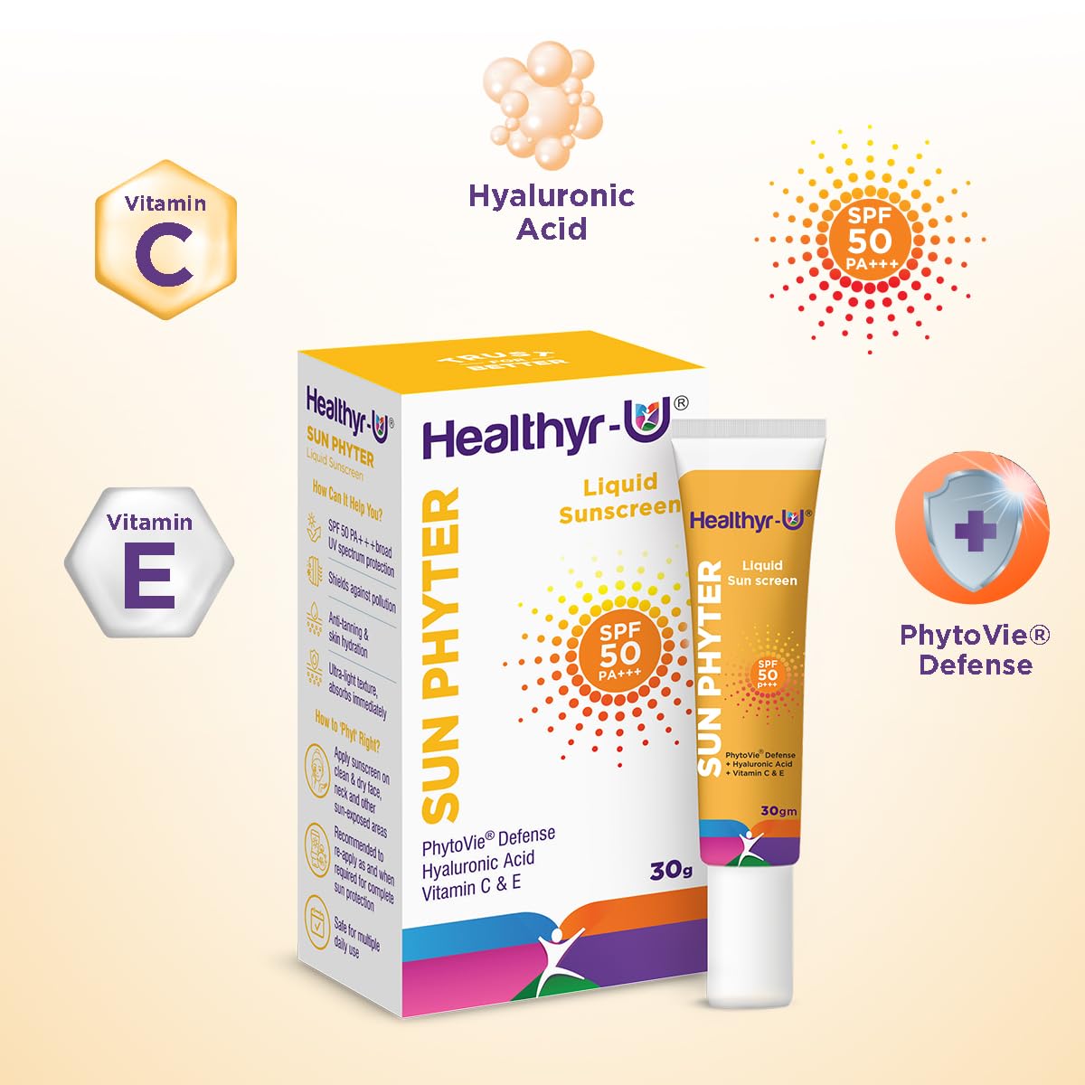 Healthyr-U Sun Phyter Liquid Sunscreen | Broad Spectrum UV Protection with SPF 50 PA+++ | Pollution Protection With Phytovie® Defense | With Vitamin C, Vitamin E & Hyaluronic Acid | Lightweight, No White Cast | For All Skin Types | For Women & Men | 30g