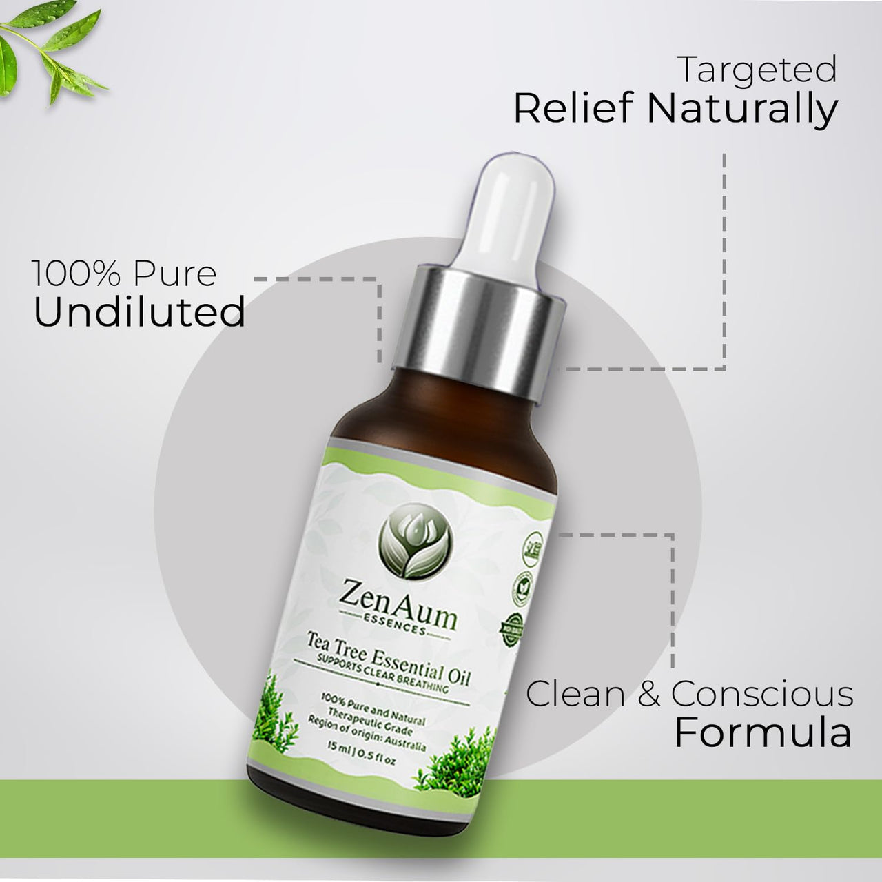ZenAum Essences 100% Pure & Natural Australian Tea Tree Essential Oil for Scalp Care | Controls Dandruff & Cleanses Scalp | For Men & Women | FDA Approved | GMP, IFRA & ISO Certified | 15ml