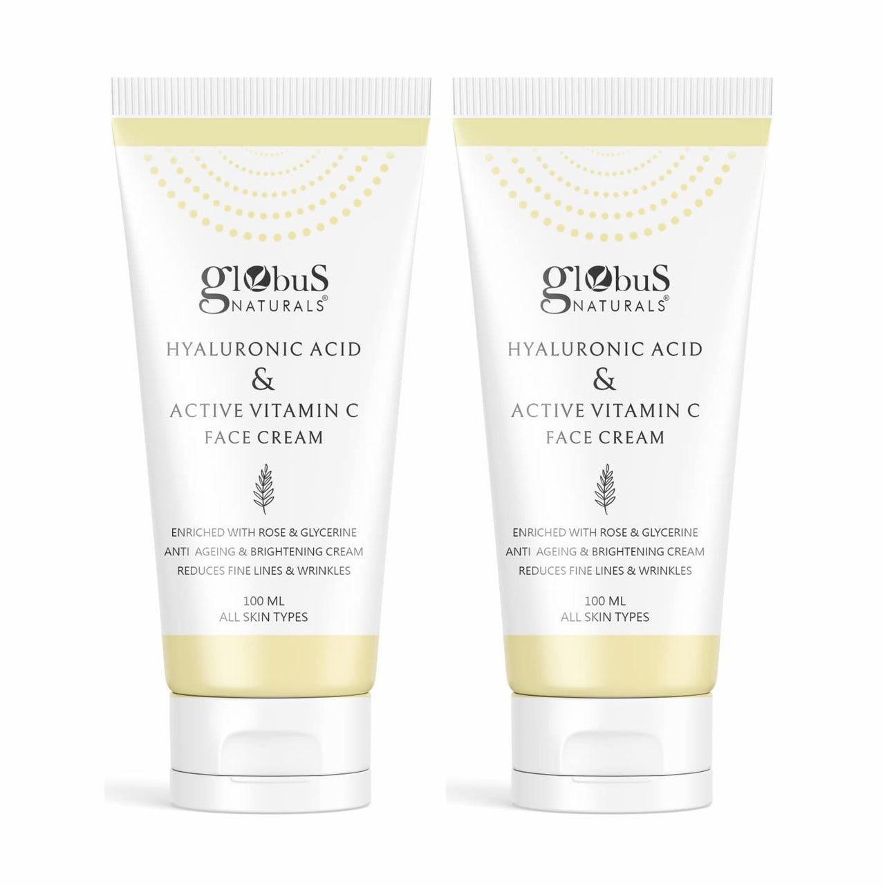 Globus Naturals Hyaluronic Acid & Vitamin C Anti Ageing Face Cream, Enriched with Rose & Glycerine, Skin Lightening & Brightening Formula, 100 ml, Pack Of 2