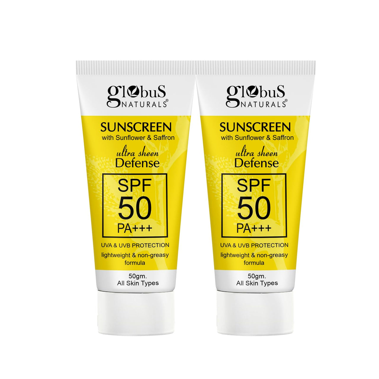 Globus Naturals Sunscreen with Ultra Sheen Defense, SPF 50 PA+++, UVA & UVB Protection, Lightweight & Non-greesy Formula, Normal to Oily Skin, 50 gm (Pack of 2)