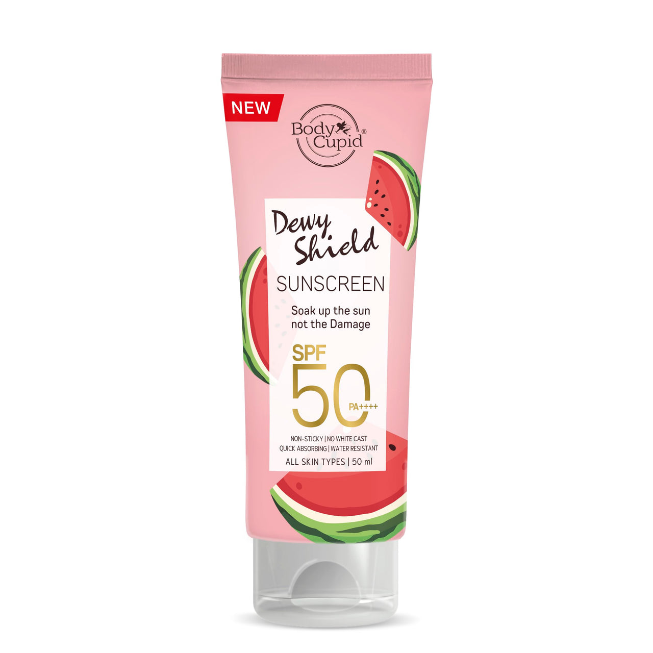 Body Cupid Dewy Shield Sunscreen SPF 50 PA++++ | UVA & UVB Protection | Fruity Fresh | with Watermelon & Ceramide | No White Cast, Non-Sticky, Water-Resistant & Quick Absorbing | All Skin Types | 50ml