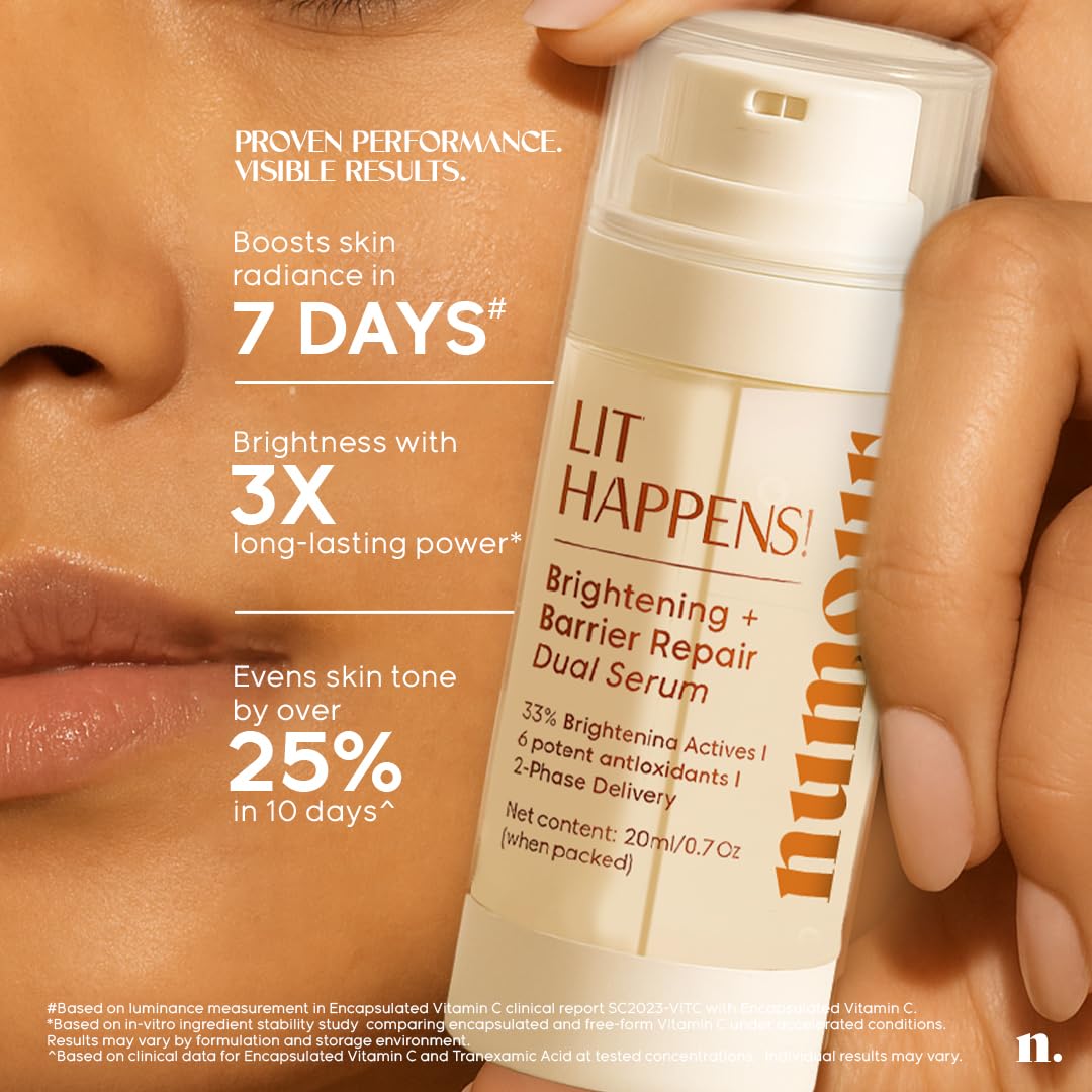 Numour Lit Happens Dual Brightening Serum 20ml| 33% Actives 15% Vitamin C+10% Niacinamide+ 2% TXA |Fades Dark Spots & Brightens|Dermat Tested, Sensitive Skin Safe| Face Serum For Men & Women