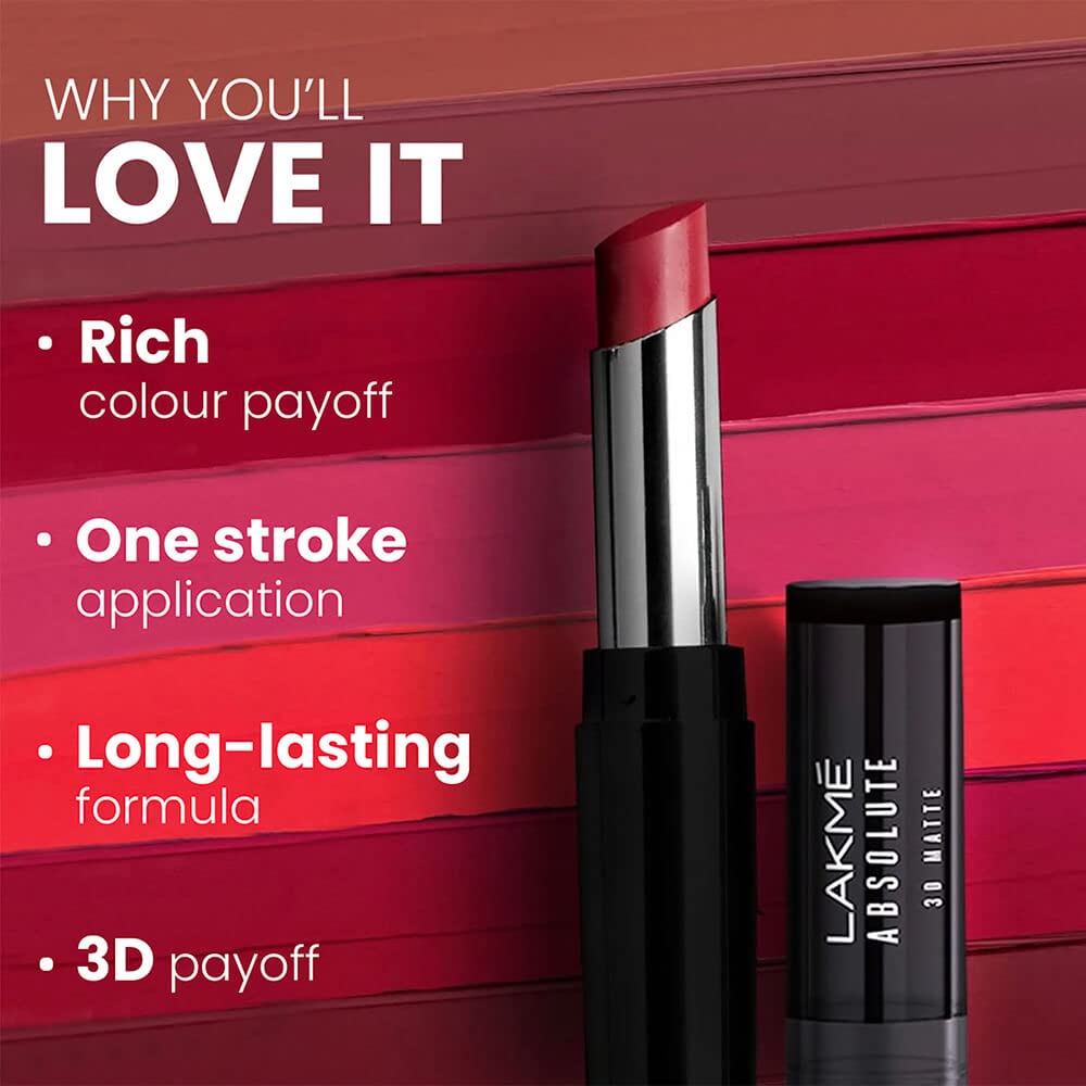 Lakmé Absolute Unreal 3D Slim Bullet Lipstick, Matte finish with a hint of shine, intense colour payoff in just a single stroke, longlasting, lipstick, Nude Brick