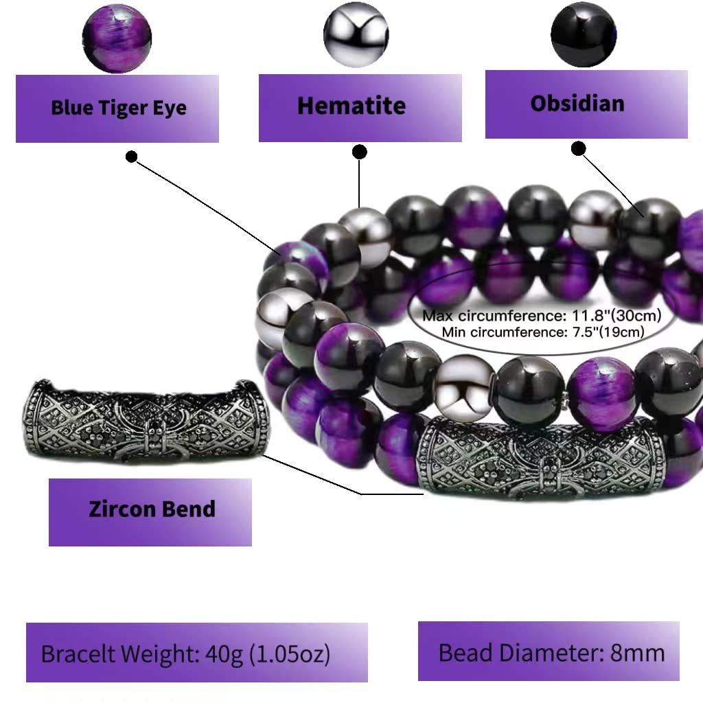 2Pcs Triple Protection Bracelet,Natural Tigers Eye Black Obsidian and Hematite 8 MM Beads Bracelet for Men Women Gift, Healing Crystal Bracelet Bring Luck and Prosperity and Happiness (Purple) Purple