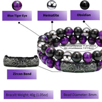 2Pcs Triple Protection Bracelet,Natural Tigers Eye Black Obsidian and Hematite 8 MM Beads Bracelet for Men Women Gift, Healing Crystal Bracelet Bring Luck and Prosperity and Happiness (Purple) Purple