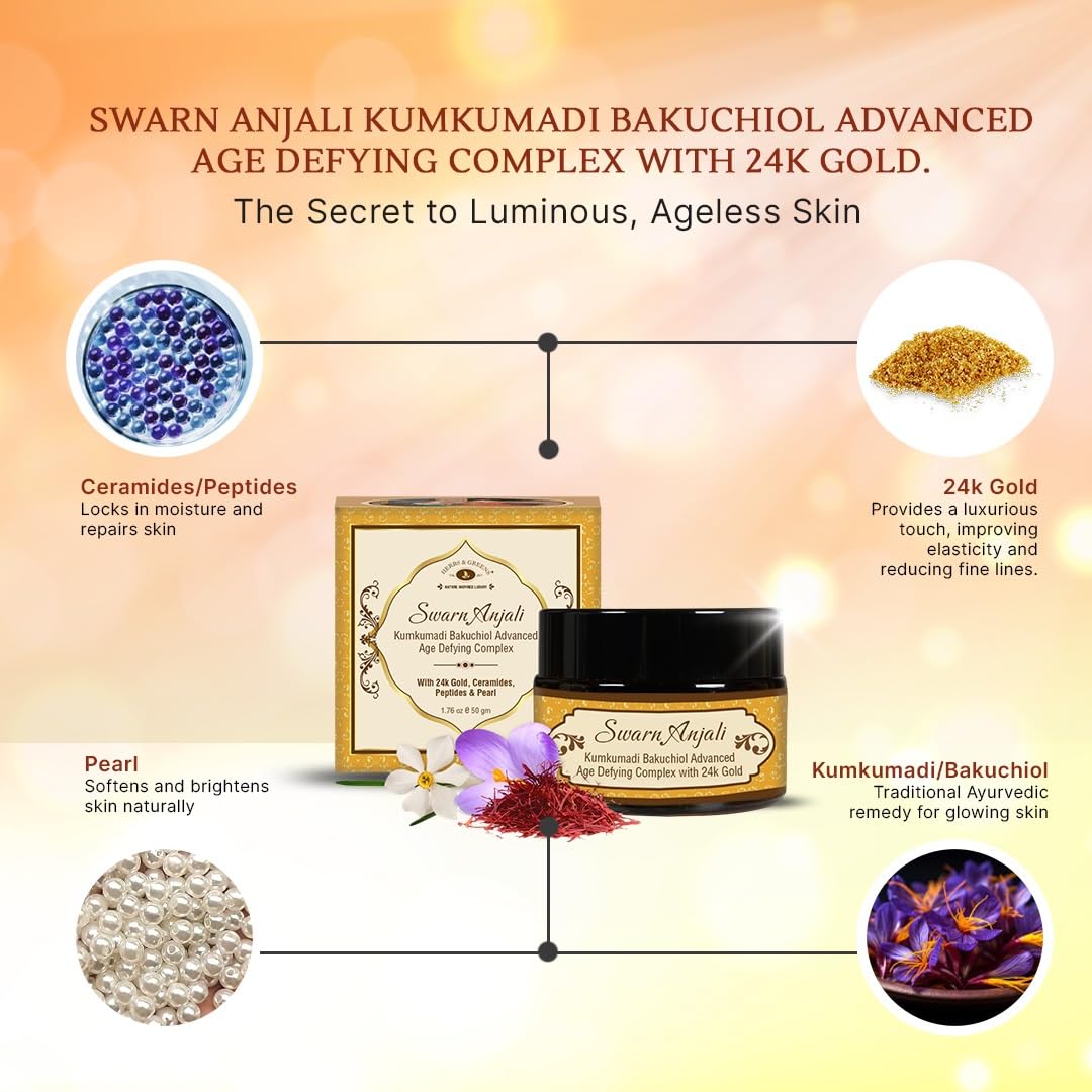 Herbs & Greens Kumkumadi Gold Bakuchiol (Natural Retinol) Advanced Age-Defying Complex with 24k Gold, Ceramides, Peptides & Pearl Ext | Youthful Radiance Cream | Strengthen's Skin Barrier | For Fine Lines & Wrinkles | All Skin Types | Day & Night Ayurvedi
