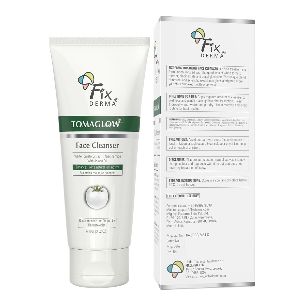 Fixderma Tomaglow Face Cleanser with White Tomato Extract, 2% Alpha Arbutin, 4% Niacinamide Tan Removal and Skin Brightening - 100 gm