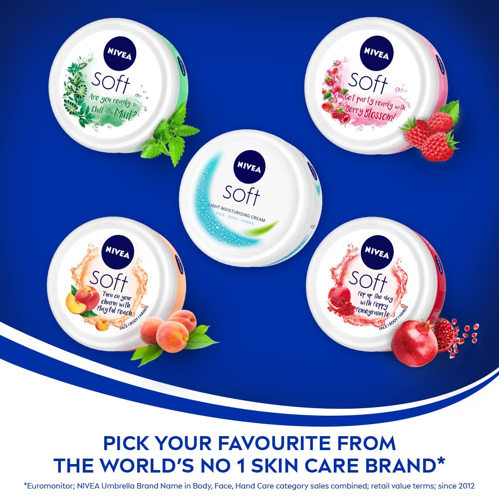 NIVEA Soft Light Moisturizer 100ml | Peppy Pomegranate | For Face, Hand & Body, Instant Hydration | Non-Greasy Cream | With Vitamin E & Jojoba Oil | All Skin Types