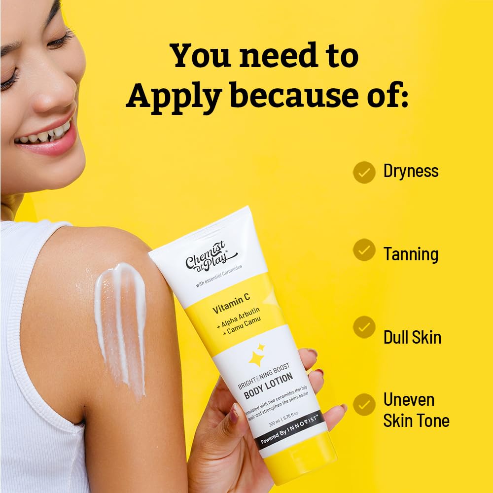 Chemist at Play Foot Cream for Cracked Heels | Up to 24 hours of Moisturization 50gm + Brightening Body Lotion with Ceramides | Alpha Arbutin, Camu Camu & Vitamin C - 200ml