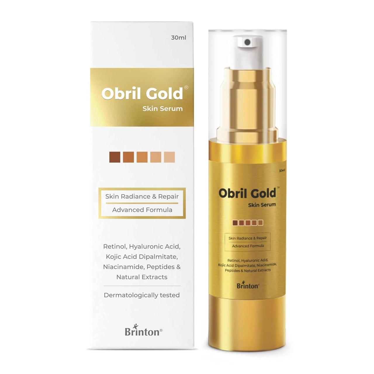 Brinton Obril Gold Skin Serum for Hyperpigmentation with Hyaluronic Acid for Dark Spot Removal, Tan & Acne Marks | Reduces Wrinkles & Fine Lines - 30ml x Pack of 3