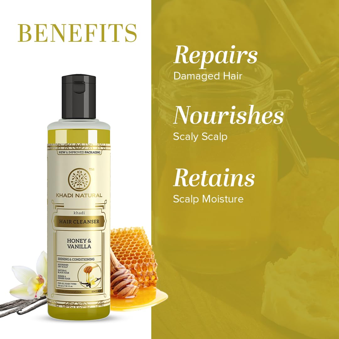 Khadi Natural Honey & Vanilla Hair Shampoo | Herbal Shampoo for Soft Hair | Shampoo for Hair Growth | Anti-Dandruff Shampoo | Suitable for All Hair Types | 210 ml