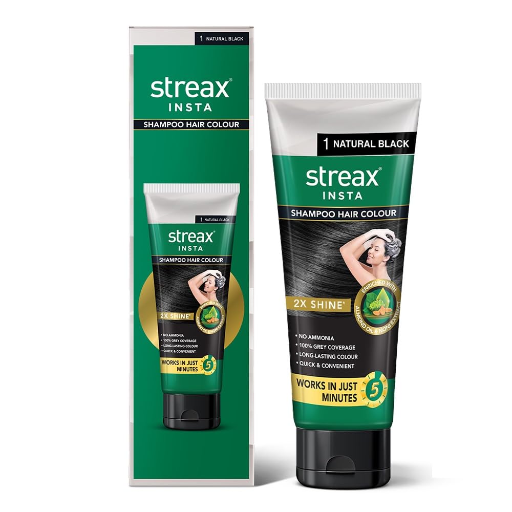 Streax Insta Shampoo Squeeze Pack Hair Colour for Women & Men, Natural Black 1 , 200ml|Hair Colour Black|100% grey coverage |Long Lasting Hair Color, easy to use| Ammonia Free Hair Color, No Paraben & Sulphate