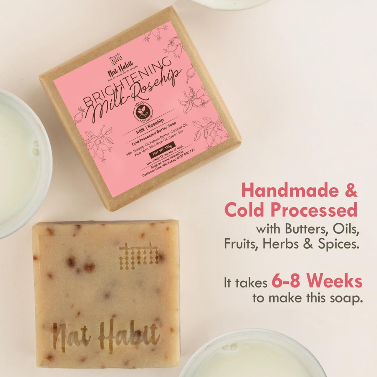 Nat Habit Brightening Milk-Rosehip Bath Soap With Ayurvedic Cold Processed For Scar Reduction, Gentle Exfoliation & Tan (Pack of 2 x 125gm)