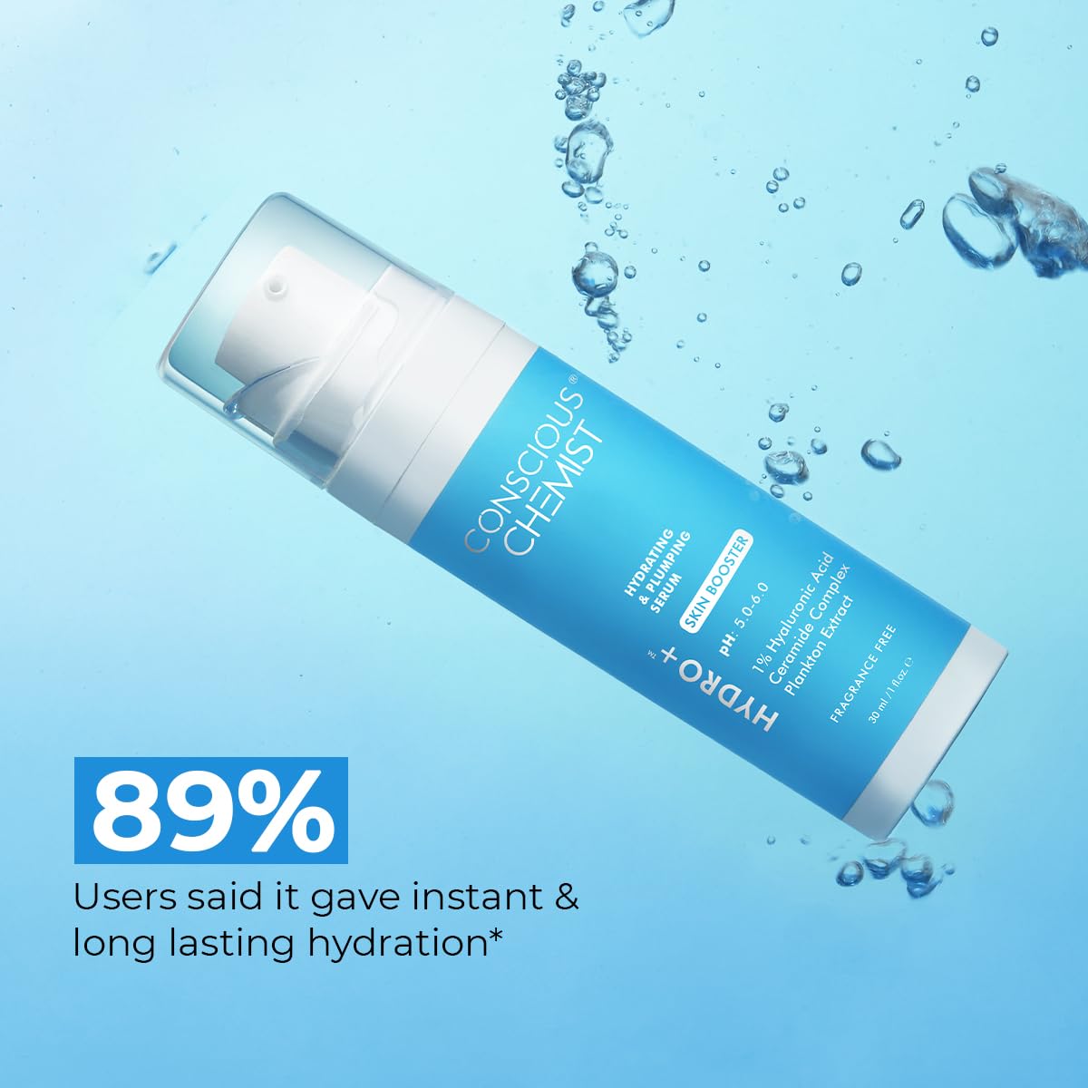 Conscious Chemist 1% Hyaluronic Acid Serum | 30ml | Face Serum for Dry Skin, Ceramide, with Plankton Extract, Treat Dull & Dehydrated Skin, Plumps & Hydrates, For Men & Women - Hydro+