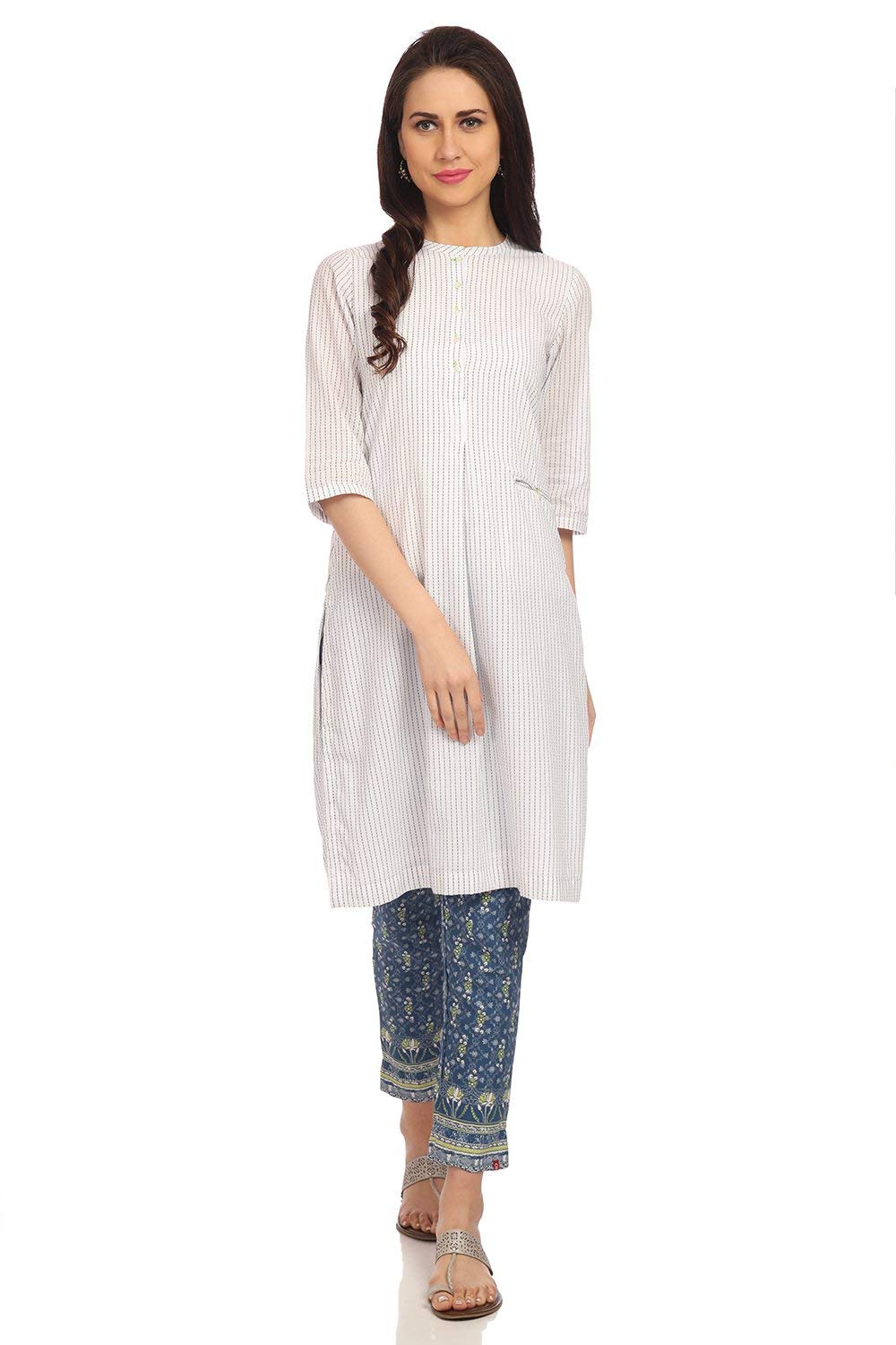 BIBA Womens Mandarin Collar Stripe Kurta