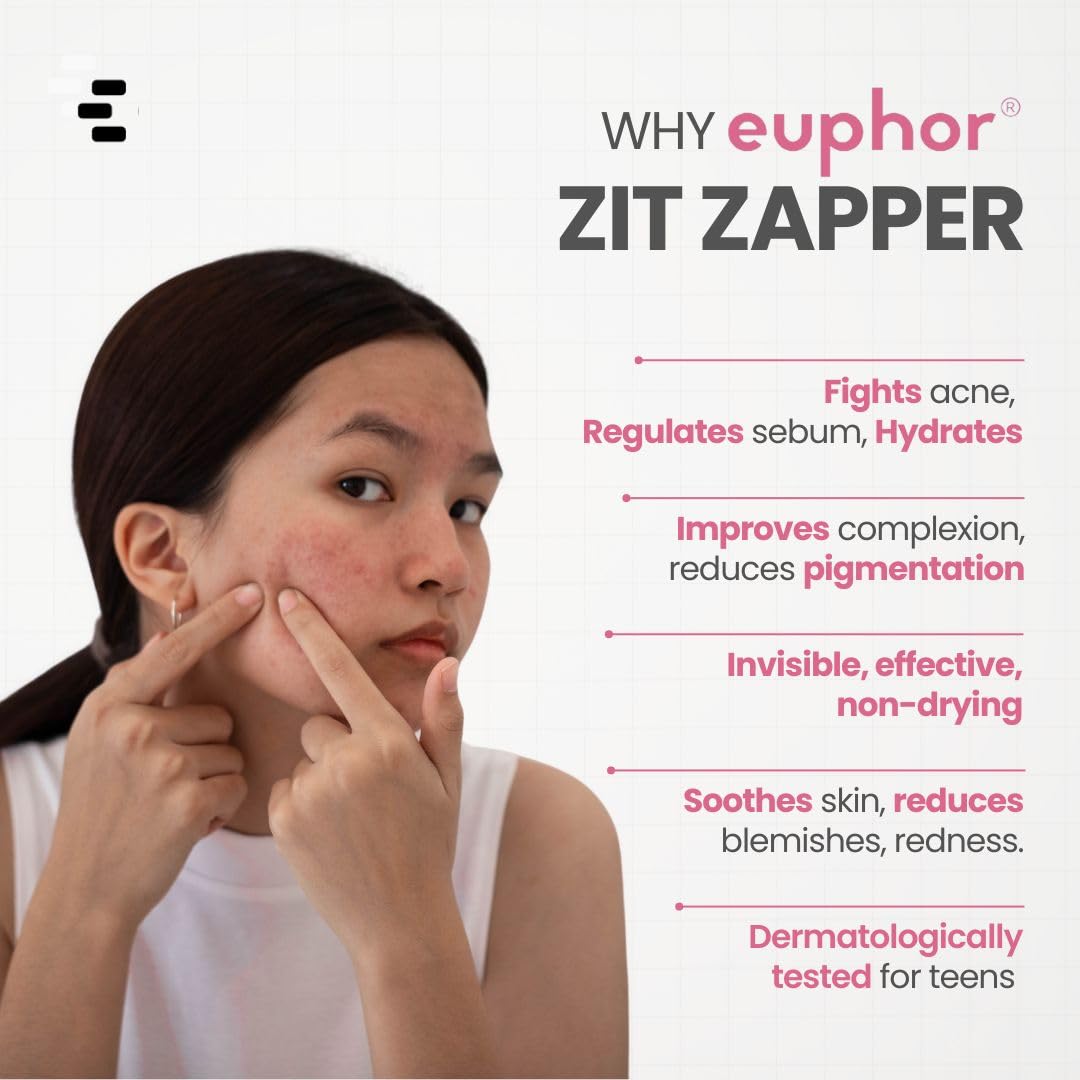 Euphor Teens | Acne Spot Corrector | ZIT ZAPPER Gel | Soothing, Invisible and Non-drying | Anti-Acne, Blackhead remover | Oily and Acne-prone Skin | 2% Salicylic Acid, Neem Extract, Zinc PCA, Niacinamide | PEG-free, Paraben-free, Sulphate-free | For 15yr+