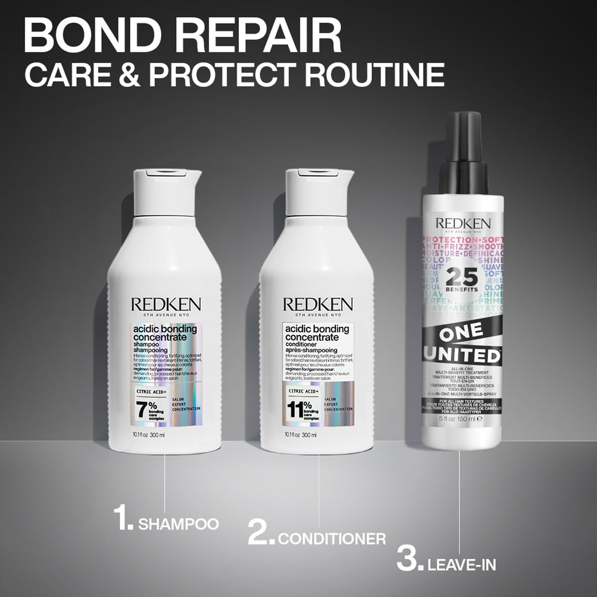 Redken Acidic Bonding Concentrate Shampoo, Conditioner & One United Leave-In Treatment Combo | For Dry, Damaged, Coloured and Frizzy Hair | For Men & Women