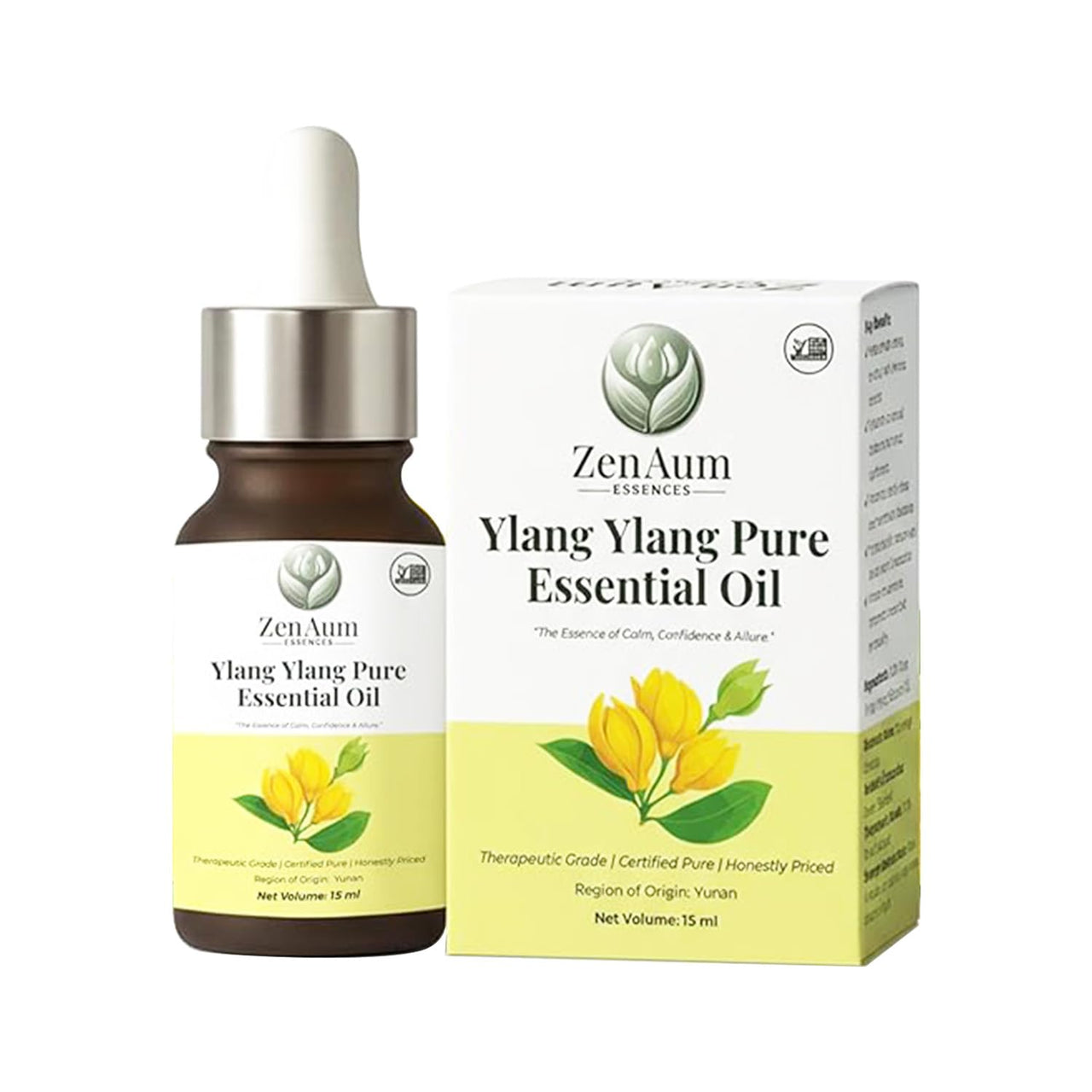 Zenaum Essences 100% Natural Ylang Ylang Therapeutic Grade Essential Oil | 15ml | Stress Relief, Skin & Hair Care, Aromatherapy | Sourced from Yunnan | GMP, ISO & IFRA Certified