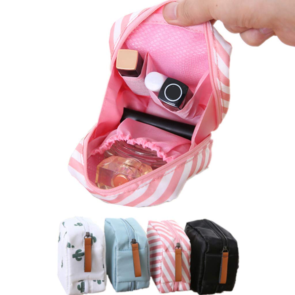 House of Quirk Polyester Makeup Bag Lazy Cosmetic Bag Travel Toiletry Bag Cosmetic Make Up Organizer Waterproof Travel Accessories For Women And Girls (Pink Stripes),W-5 Cm, Small
