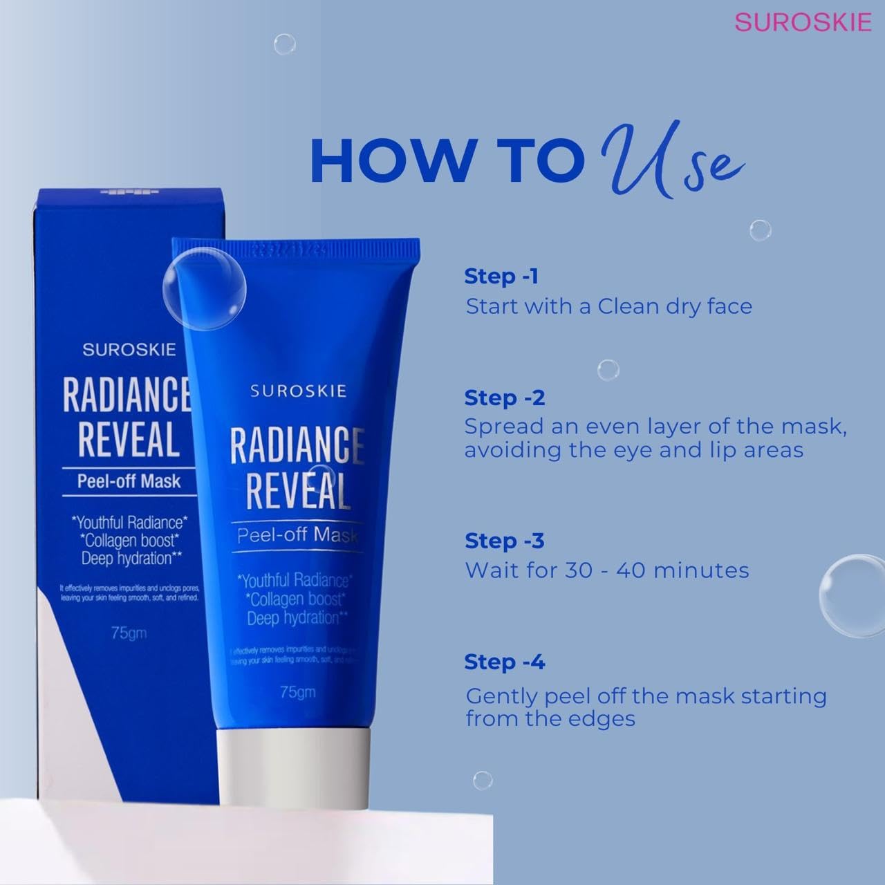 Suroskie Radiance Reveal Peel Off Mask 75g | Honey, Milk Protein & Collagen | Hydration, Skin Brightening, Instant Glow & Plumped Skin | Korean Inspired Skin Care| Peel off Face Mask for Men & Women