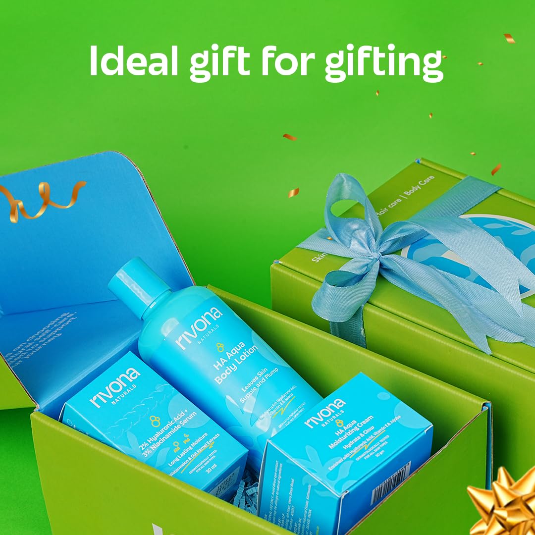 Rivona Naturals Aqua Hydration Luxe Gift set |Diwali Gift Set |Gift Box To Pamper Your Loved Ones | Cooling, Hydrating, Moisturizing | Face Serum, Face Cream, and Body Lotion & Luxury Candle | Pack of 4| All Occasions | All Skin Types | Men and Women