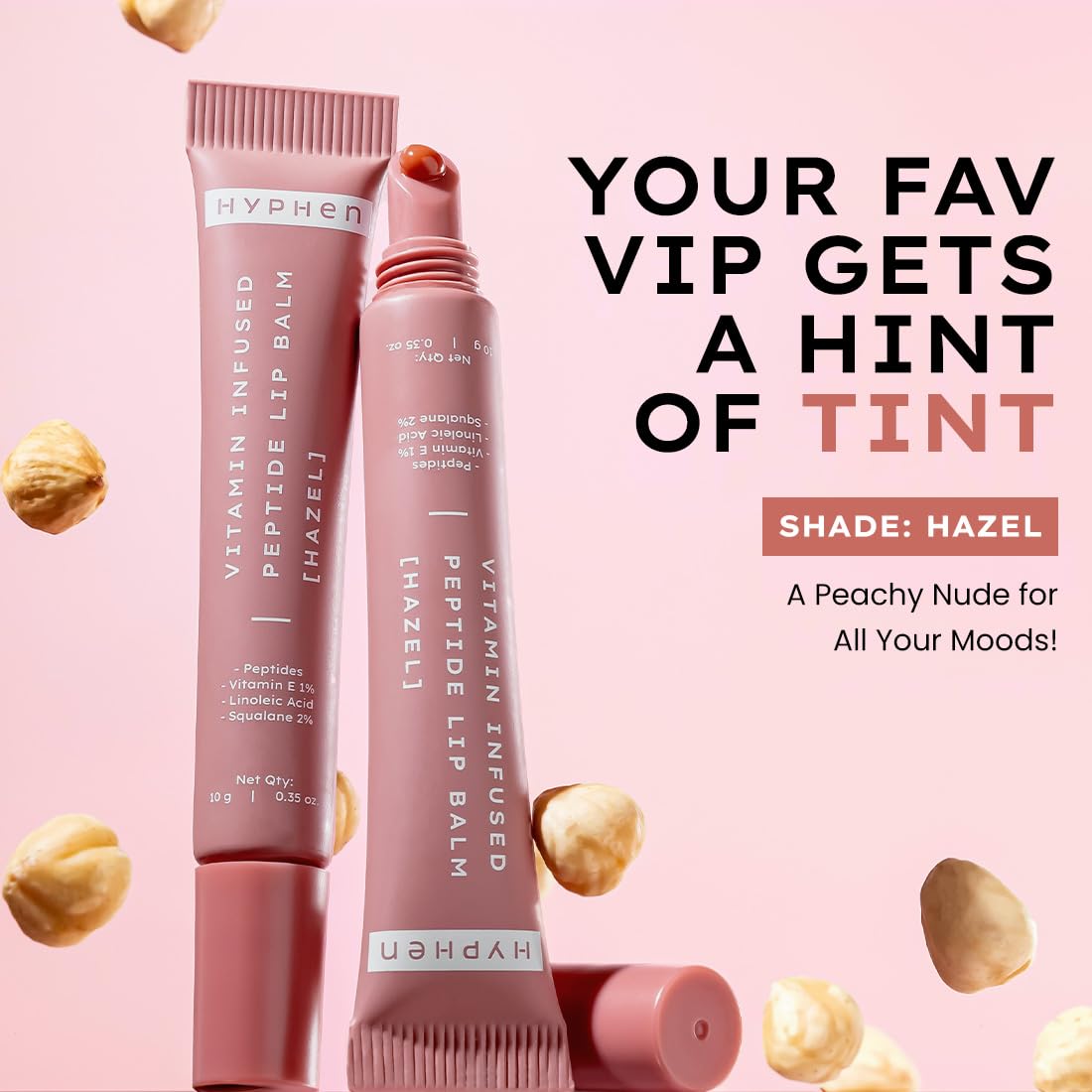 Hyphen Vitamin-Infused Tinted Lip Balm - Hazel | For Dry, Flaky & Dark Lips | 24 Hrs Moisturization | Hydrates, Plumps & Repairs Moisture Barrier | Peptide Lip Balm for Women | Peachy Nude Shade - 10g