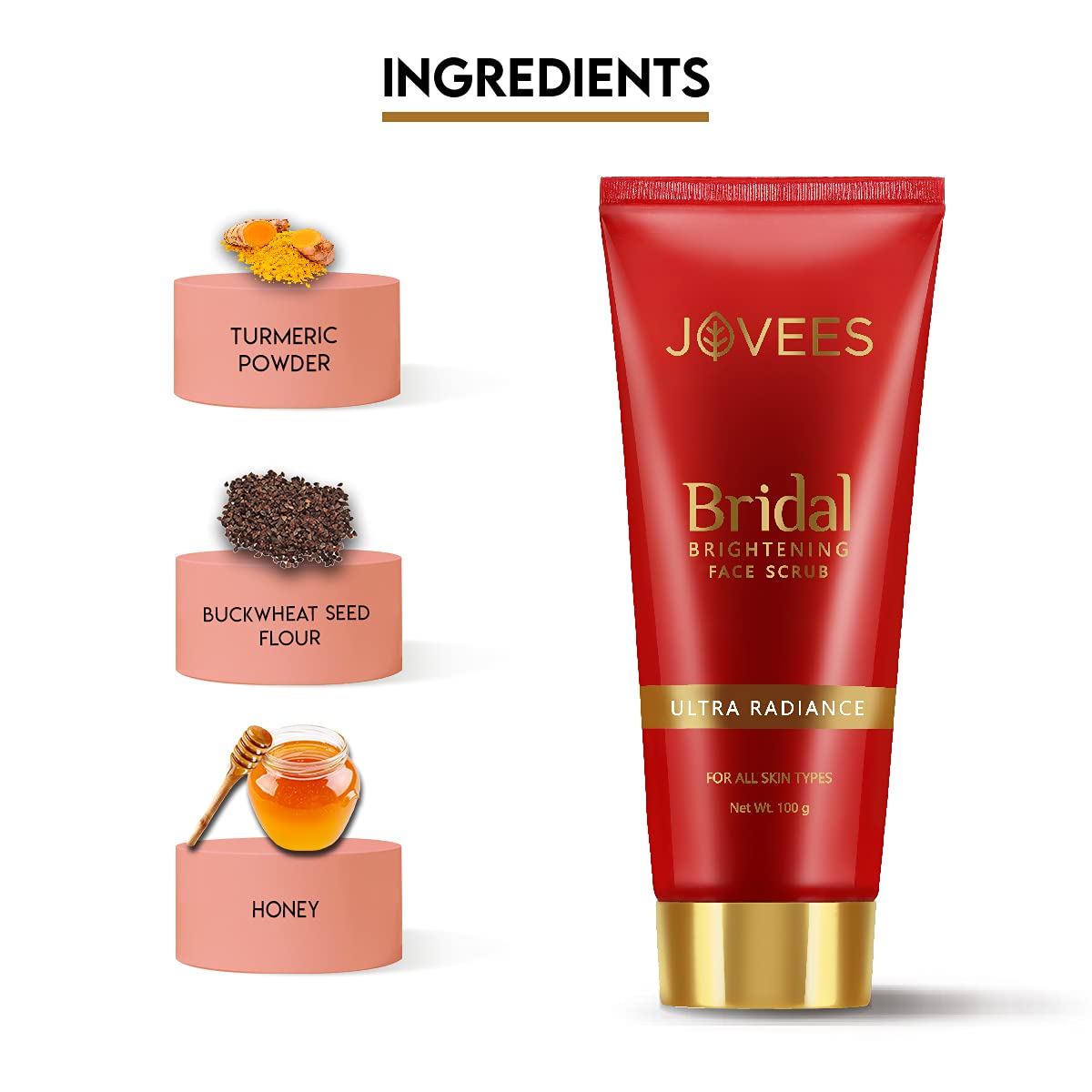 Jovees Herbal Bridal Brightening Face Scrub With Turmeric, Honey & Pearl Millet Flour | Gently Remove Dead Skin | For Ultra Radiance | For All Skin Types 100G