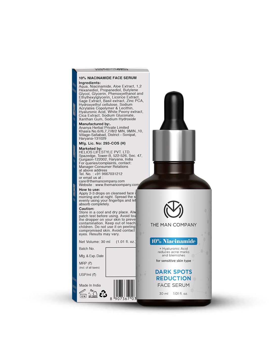 The Man Company 10% Niacinamide Face Serum with Hyaluronic Acid for Men – 30 ml | Reduces Dark Spots | For Blemish-Free Clear & Bright Skin | Fragrance - Free | For All Skin Type