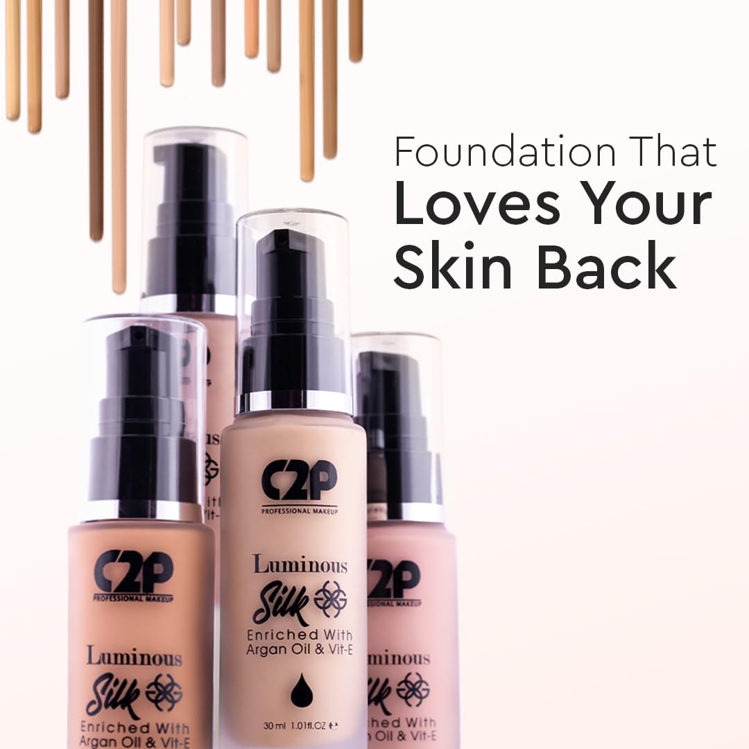 C2P Pro Luminous Silk Liquid Foundation For Women Face Makeup LIGHT 04, 30 ml | High Coverage For Dry Oily Combination Natural Glowing Skin | Waterproof Long Lasting | Argan Oil & Vitamin E