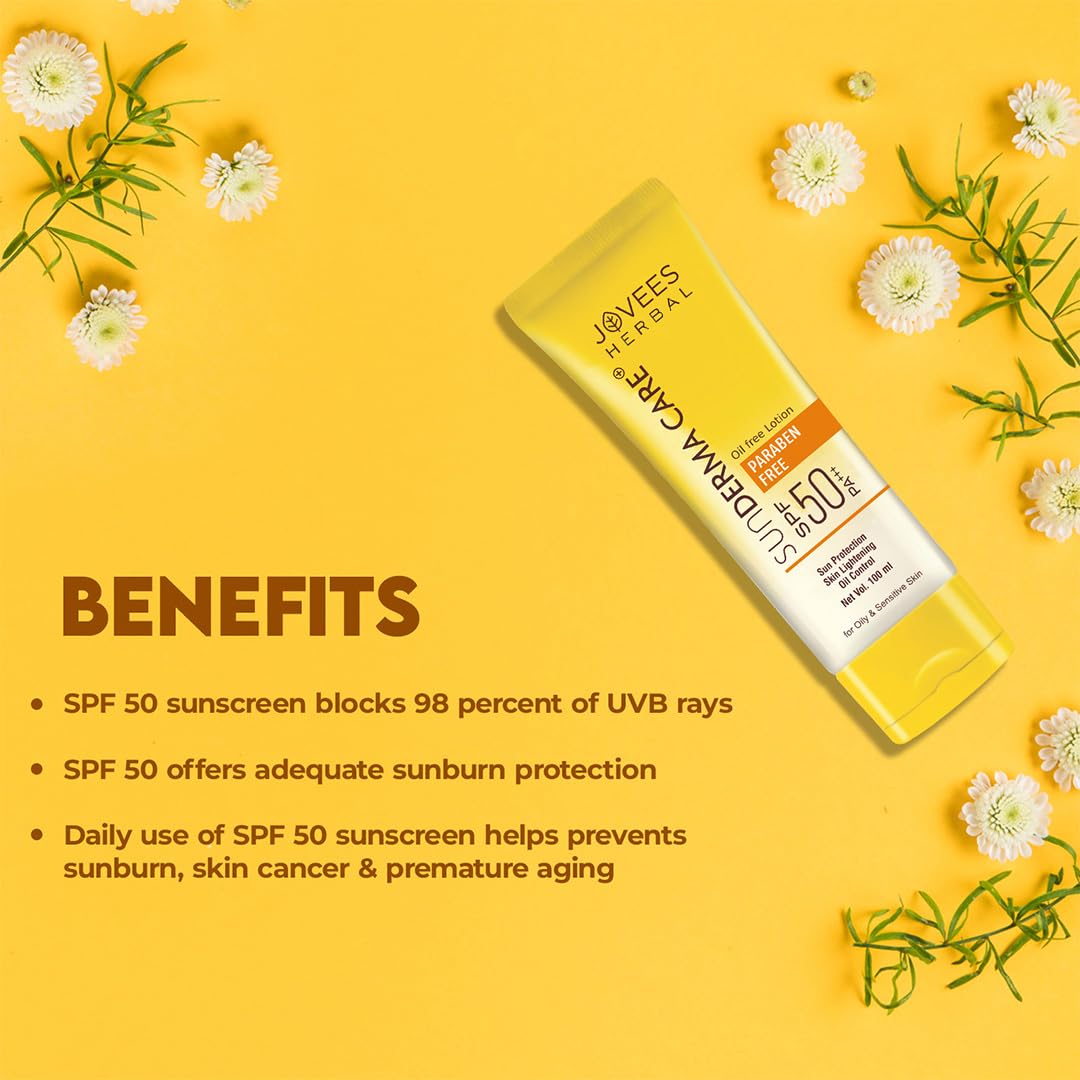 Jovees Herbal Sun Derma Care Lotion SPF 50 PA+++ Broad Spectrum, UVA/UVB Protection | Oil Free, Quick Absorption & Lightweight | For oily and sensitive skin 100ml