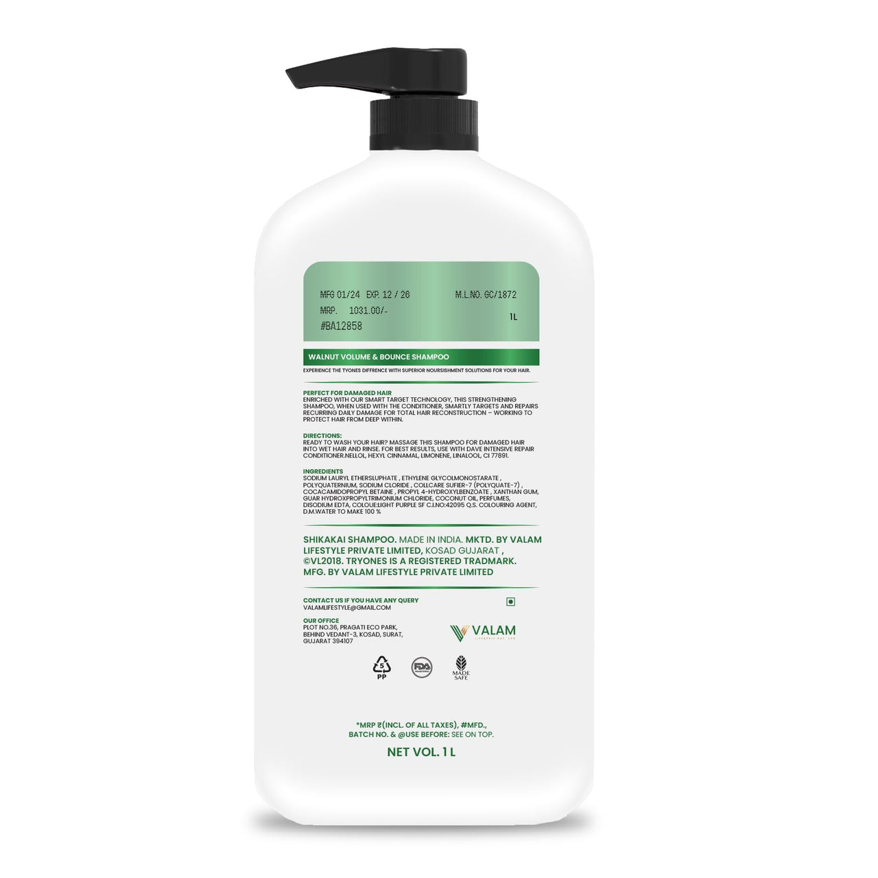 TryOnes Natural Amla & Bhringraj Shampoo/Cleanser for Controlling Dandruff & Hair fall | Paraben & Sulphate-Free | Suitable for All Hair Types, 1000ml