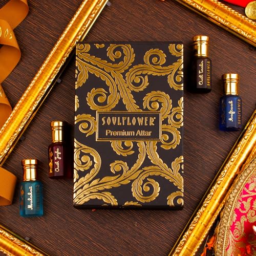 Soulflower Premium Attar Set Alcohol Free luxury Perfume Roll On Gift Hamper for Men & Women, Combination of Fragrance Oudh, Musky, Woody, Floral, Amber, Fresh & Spicy, Set of 4 (5ml Each)