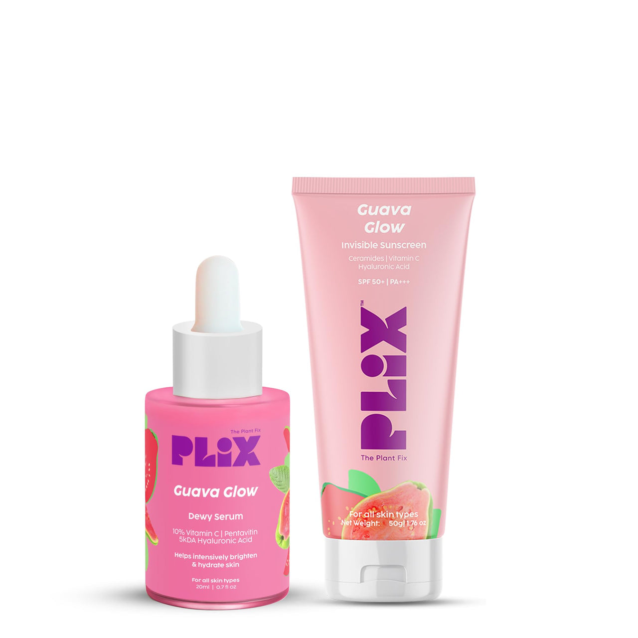 The Plant Fix Plix Spf 50+ Guava Glow Sunscreen-50G & 10% Vitamin C Guava Face Serum-20Ml Combo, For Uv A, Uv B Protection & Skin With Ceramides, Vitamin C & Hyaluronic Acid & Pentavitin, All