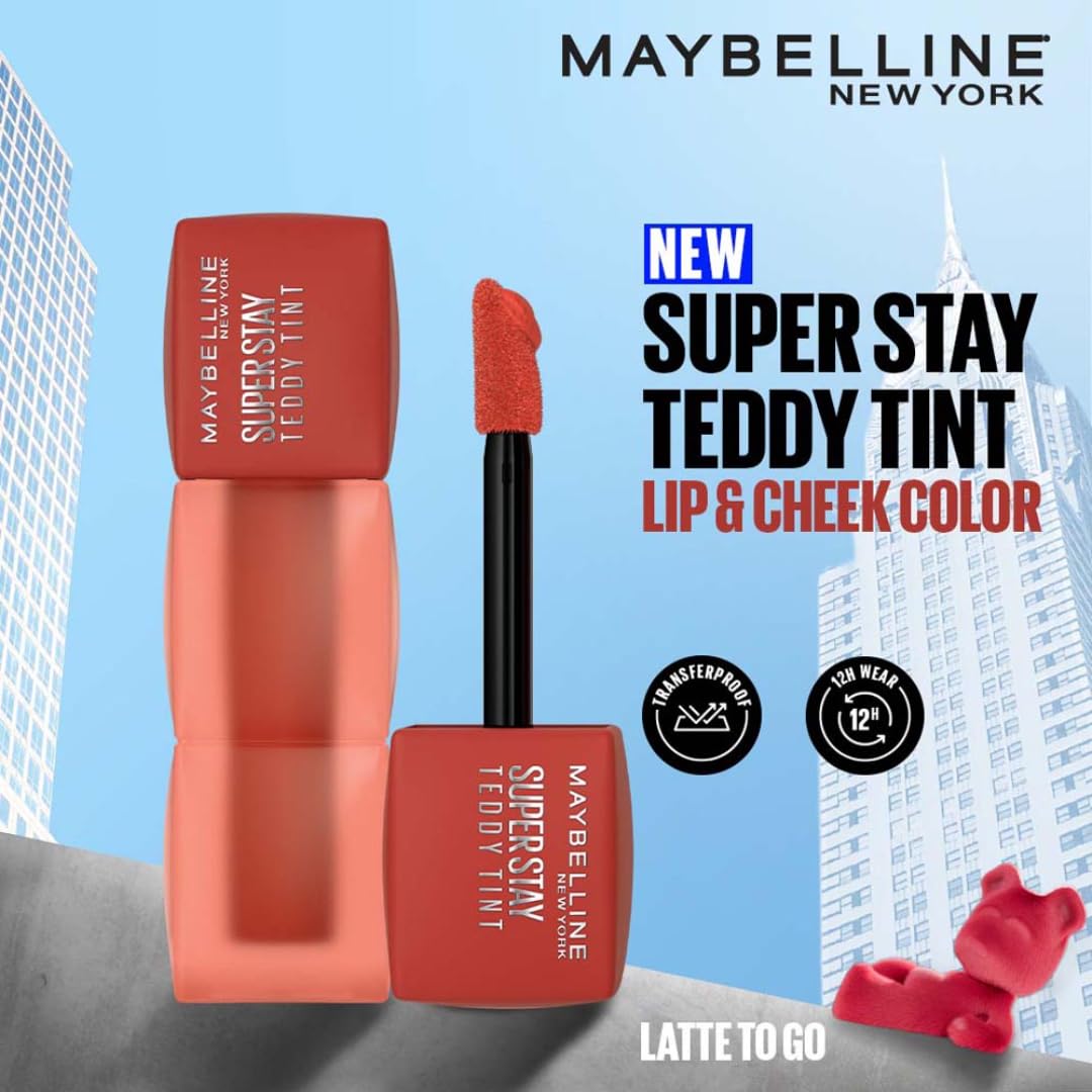 Maybelline New York Super Stay Teddy Tint - Lip and Cheek Color, Latte To Go, 5ml | Teddy Soft Matte up to 12Hr | Multi Use |Comfortable Long wear formula |Buildable |Natural flushed look in one swipe