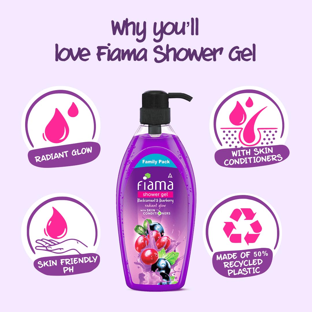 Fiama Body Wash Shower Gel Blackcurrant & Bearberry, 895 ml Family Pack, Body Wash for Women & Men with Skin Conditioners for Radiant Glow, Suitable for All Skin Types